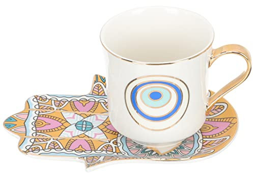 Cabilock Kaffeetassen Set Blaue Auge Kaffeetasse Set Böser Blick Teetasse Kaffeebecher Cappuccino Tasse mit Hamsa Untertasse Trinkbecher für Geschenke 300ml Arabische Türkische Auge Becher