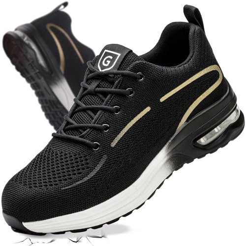 YEKOYIOO Zapatos de Seguridad para Hombre Mujer,Zapatos Deportivo con Cámara de Aire Zapatos de Trabajo Cómodo con Puntera de Acero Ligero Transpirable Apto para Cocinas,Construcción Dorado 41 EU