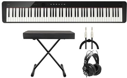 Casio Privia 88-Key Digital Piano with Casio CS68 Stand, Class-Compliant USB Port (Black) Bundle with Adjustable X-Style Keyboard Bench, Studio Monitor Headphones, and TRS Cable (6-Feet) (4 Items)