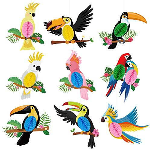 HONMOK 9 Stück Tropische Vögel Dekoration Seidenpapier Hawaii Papageien Deko Hawaiisch Tukane Papagei Hängend Dekoration Tropical Party Deko für Sommer Tiki Party Dschungel Hawaiian Luau Party