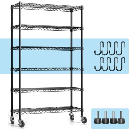 Hodonas Drahtregal mit Rollen, 6-stöckiges Metallregal mit verstellbaren Lagerregalen, freistehend, stabiles Metalldraht, Aufbewahrungsregal für Speisekammer, Garage, Küche, 91,4 cm B x 35,6 cm T x