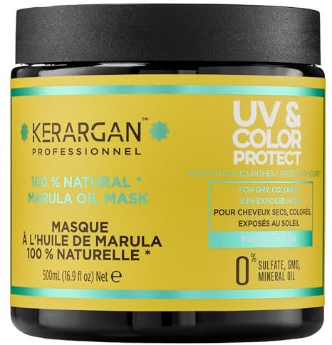 Kerargan - Maschera Protettiva UV & Colore all'Olio di Marula per Capelli Secchi e Colorati - Idrata, Rivitalizza, Protegge - Senza Solfati, GMO, Olio Minerale - 500ml