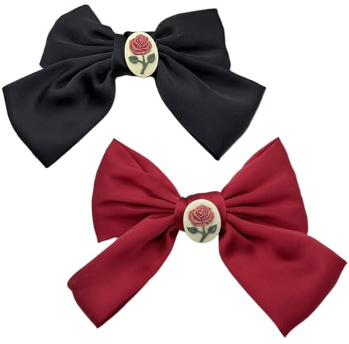 EBHO 2 Pezzi Fiocchi per Capelli, Mollette Per Capelli Donna Con Fiocco, Fiocchi Per Capelli Con Chiusura Clip Fermaglio, Con motivo a rose (Nero + Rosso)