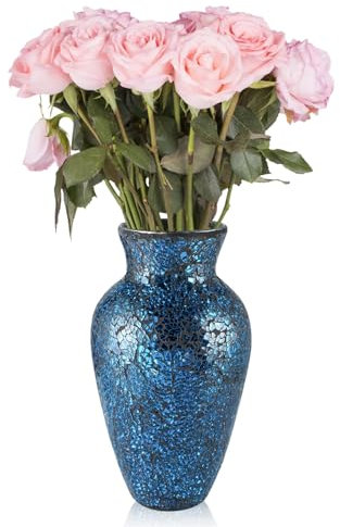 BIMUYI Mosaik-Glasvase, 28 cm hoch, handgefertigte Blumenvase, dekorative Vase (Marineblau)