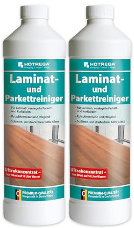 HOTREGA Laminatreiniger und Parkettreiniger 2x 1 Liter Konzentrat | Streifenfrei trocknende Wischpflege für Laminat, Parkett & Kork | Rutschhemmend