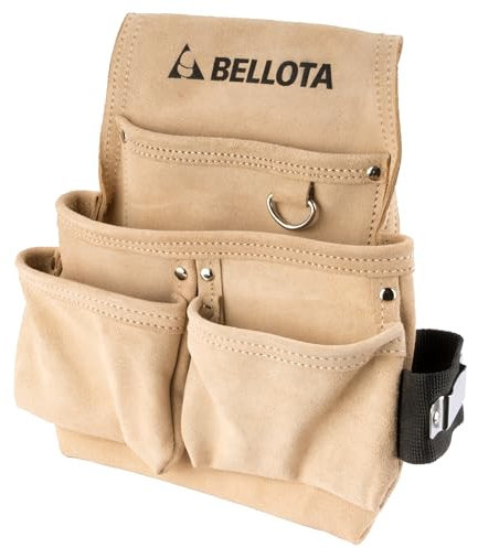 BELLOTA PC4BOL - Bolsa portaherramientas de piel con 4 bolsillos, Alojamiento para martillo y flexómetro