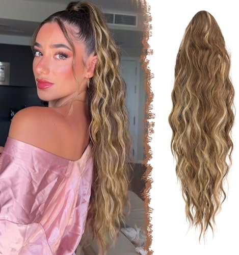 FESHFEN Lange Zopf Pferdeschwanz Haarextension mit kordelzug Lang Wellig Lockig Hellbraun und Blond Synthetik Haarverlängerung Natürliches Clip in Haarteil Ponytail Kunsthaar Haarzopf für Damen 65cm