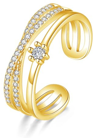 Zolkamery Silber Ringe für Damen, 925 Sterling Silber Verlobungsring Eheringe, Verstellbar Drei Schicht Cross-Linien Ringe mit Weiß Zirkonia, Gold Minimalistischer Fingerringe für Liebe Braut Freund