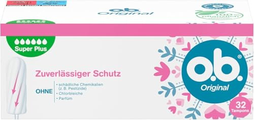 o.b. Original Super Plus (32 Stück), Tampons für sehr starke Tage, StayDry Technologie & geschwungene Rillen, zuverlässiger Schutz und ein sauberes Gefühl während der Periode (Packung mit 5)