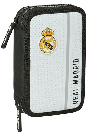 SAFTA Real Madrid 1. Mannschaft 24/25, Schulmäppchen für Kinder, Federmäppchen mit Farben, mit 28 Utensilien, ideal für Kinder von 5 bis 14 Jahren, bequem und vielseitig, 12,5 x 4 x 19,5 cm, Weiß/Grau