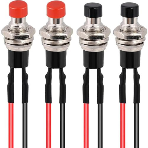 RUNCCI-YUN 4pcs pulsador mini 12v,7mm redondo pulsador Autoblocante, Cableado 12V ON/Off para Trompeta de Coche,Timbre de Casa（rojo negro)