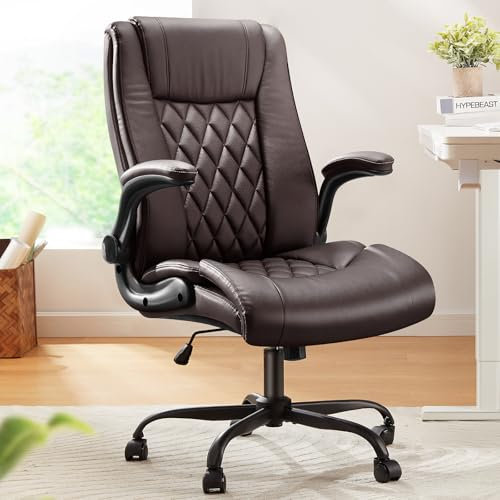 Marsail Executive Office Chair with Flip-up Armrests,PU Leather Ergonomic Desk Chair Height-Adjustable Swivel Rolling Computer Desk Chair
