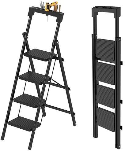 JOISCOPE 4 Step Ladder Folding with Handrail & Tool Stand, 180 KG Load Capacity Folding Step for Adults, Sturdy & Lightweight Stool, Anti-Slip Pedals Ladder for Home, Kitchen, Black