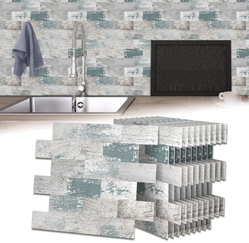 LZQ Selbstklebende Klebefliesen Set, Fliesenaufkleber Spritzschutz Klebefliesen Prägung Muster Fliesenoptik, Wandfliesen, Mosaikfliesen Wandsticker für Küche Bad Schlafzimmer(10 Stück, Grau+Grün)