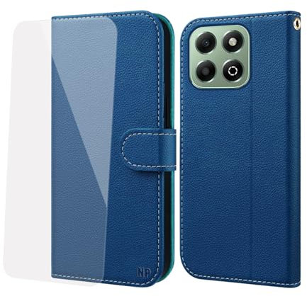 NP-Caser Handyhülle für Honor 200 Smart Hülle [mit Panzer Schutz Glas], Premium Lederhülle mit Kartenfächern [Klappbar Flip case] [Standfunktion] Handy Schutzhülle für Honor 200 Smart, Blau