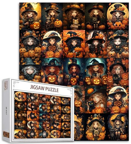 Halloween Mädchen 1000 Stück Jigsaw Puzzles für Erwachsene niedliche Katze unter Mondlicht Puzzles Kürbis Hexe Puzzle für anspruchsvolle perfekt für Spiel-Nächte Bunte Home Wall Decor Kunst Geschenk