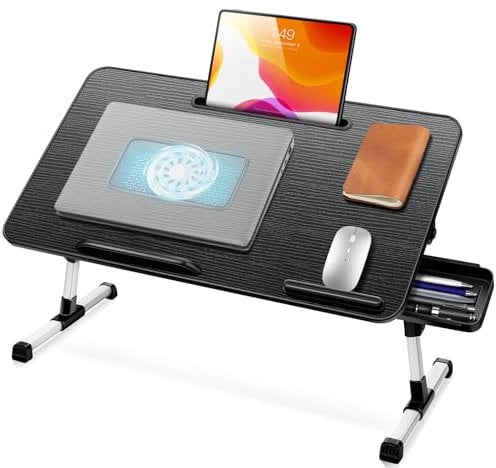 ICARE Support Ordinateur Portable Lit, Table de Lit avec Refroidisseur PC Portable, Support pour Tablette,Tiroir, Réglable en Hauteur et Angle (60 x 34 cm, Noir)