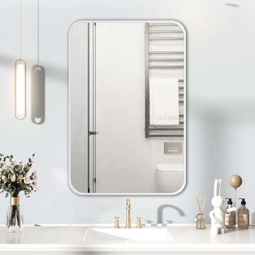 HIGHBATH White Frame Mirror 60 x 80 cm, Large Bathroom Wall Mirror, Rectangular Bathroom Wall Mounted Mirrors Hanging Horizontal/Vertical