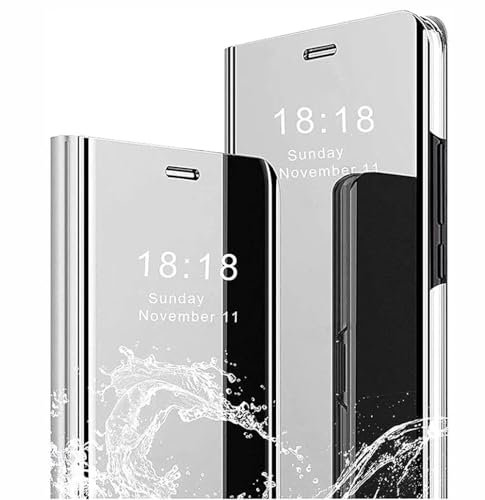 SEAHAI Hülle für Samsung Galaxy A56 5G, Handyhülle Clear View Cover Spiegel Flip PU Leder Hülle Plating PC Schutzhülle mit Hart Standfunktion - Silber