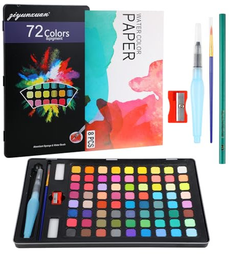 Set de Acuarelas Profesionales – 72 Colores, con Pincel, Pincel de Agua, Caja de Acuarelas, Lápiz, Papel, Esponja y Sacapuntas. Ideal para Acuarelas Niños, Témperas para Niños y Kit Pintura Acrilica.