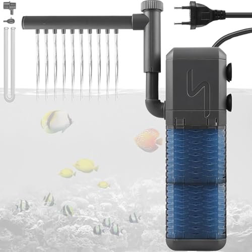 GOMETY Filtro de acuario 4 en 1, 9 W, 800 L/h, bomba de acuario, filtro de esponja silencioso, bomba de filtro interior con 2 salidas de agua para tanque de tortuga de peces de 30 – 50 L