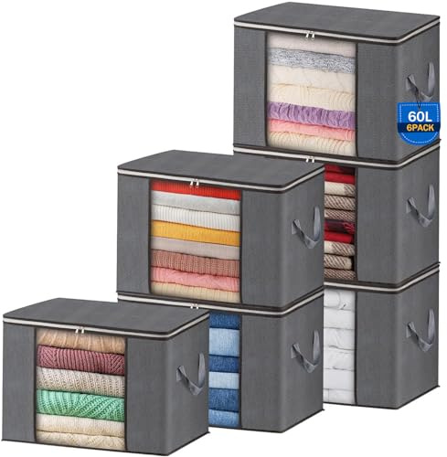 AIOR 6pcs Bolsa de Almacenamiento de Ropa Plegable, 60L Grandes Cajas de Almacenaje Ropa con Mango Reforzado, No-Tejida Organizador Guardar para Edredones Mantas, 55x35x32cm