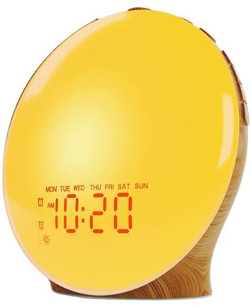 Fahoujs Wood Grains Designs Wake Up Light Sunrises Simulation Alarm Clock With 2 Alarm Snooze Function Radio Colorful Nightlight