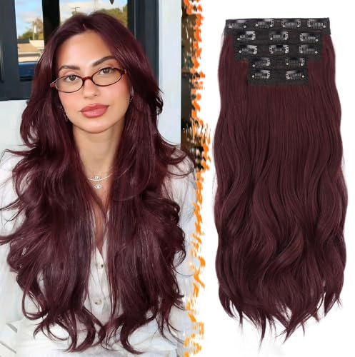BARSDAR Clip in Extensions Rot 50cm Wellige Clip in Haarverlängerungen für Frauen 5PCs Voller Kopf Hair Extensions Synthetisches Haarteil Haarextension - Dunkel Burgunder Gemischtes