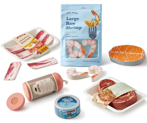 Tiny Land Cibo Giocattolo per Bambini in Legno - Set 6 Pezzi Carne e Pesce da Tagliare, Accessori Cucina Bambini Montessori, Alimenti Finti per Gioco di Ruolo, Idea Regalo 2+ Anni