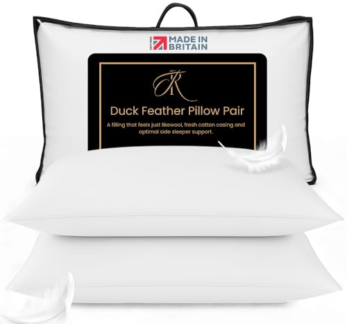 The Royce Duck Feather Pillows 2 Pack - 100% Cotton Cover Hotel Quality Luxury Bed Pillows - Medium Soft Supportive Pillows for Side & Back Sleepers - Hypoallergenic Pillows Made in Britain - 48x74cm