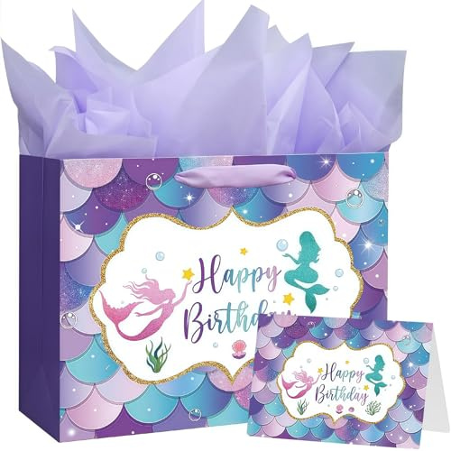 Geschenktasche Groß 33cm x 12cm x 26cm, Meerjungfrau Luxus-Geschenktasche mit Grußkarte und Seidenpapier, Partytaschen für Geschenke, Große Geburtstags für Sie, Ihn, Frauen, Männer