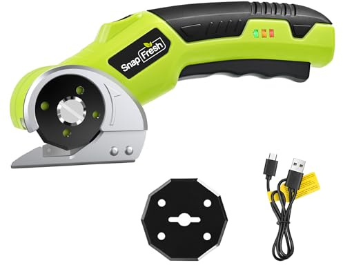 SnapFresh Taglierina per Cartone Forbici Elettriche a Batteria – Taglierina Rotativa Senza Fili con 2 Lame Autoaffilanti SKS7 e Luce LED, per Cartone, Carta, Moquette, Pelle, Feltro e PVC