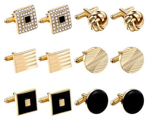 Cupimatch 6 Paar Manschettenknöpfe Set: Herren Edelstein & Kristall Hemdenknöpfe in Verschiedenen Designs Knoten/Quadrat/Rund Hochzeit Geschäftsanzug Jubiläum Geschenk für Männer Vater Freund