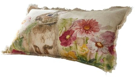 Loberon Kissenhülle Parélys - Natürliches Hasen- & Blumenmotiv - Aquarelloptik - Luftige Fransenkante - Kissenbezug - Ostertextilien - Osterdeko - Leinen, bunt