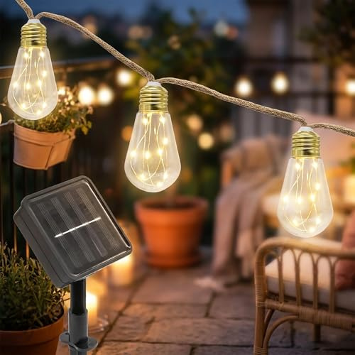 LED Solar Lichterkette mit 16 Glühbirnen auf 540 cm - warmweiß - Garten Dekobeleuchtung mit transparenten Lampen an Naturkordel - Outdoor Deko Beleuchtung Glühbirnenlichterkette Stimmungslicht