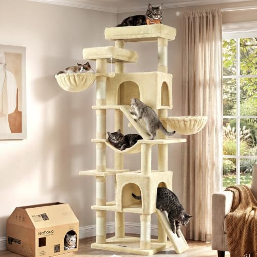 Feandrea Kratzbaum groß, XXL Katzenbaum mit Kratzbrettern und Sisal, Kletterbaum für Große Katzen, 55 x 45 x 206 cm, Beige, für Mehrkatzenhaushalt, Clawfy Kollektion PCT021Y101