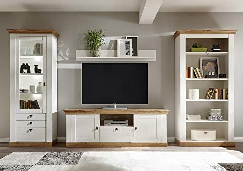 Wohnwand Côte d’Azur, Pinie weiß/Wotan Eiche NB, 387 (367) x 204 x 44-52 cm, Wohnzimmer, Wohnzimmerwand, Wohnzimmermöbel Ausführung ohne Beleuchtung