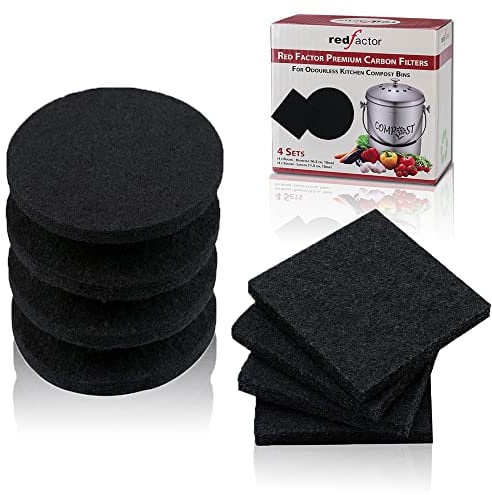 RED FACTOR Extra Thick Activated Carbon Charcoal Replacement Filters for Odourless Kitchen Compost Bins - Pack of 8 (4 Round, 4 Square)