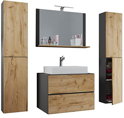 VCM 5-TLG. Waschplatz Waschtisch Badmöbel Set Waschbecken Lendas XL Schublade 80, Anthrazit/Honig-Eiche