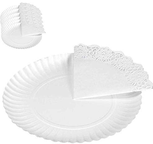 Tradineur - 3 Paquetes de 2 bandejas y blondas Redondas - Fabricación de cartón Que Incluyen blondas caladas 100% reciclables - Apto para Uso alimentario - Ø 23 cm - Color Blanco (6 Unidades Total)