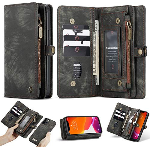 CaseMe für iPhone 12/iPhone 12 Pro Leder Hülle, Handgemacht 2in1 Abnehmbarer Flip Brieftasche Reißverschluss Etui mit Card Slots und magnetischer Back Cover Case für iPhone 12/iPhone 12 Pro (Schwarz)
