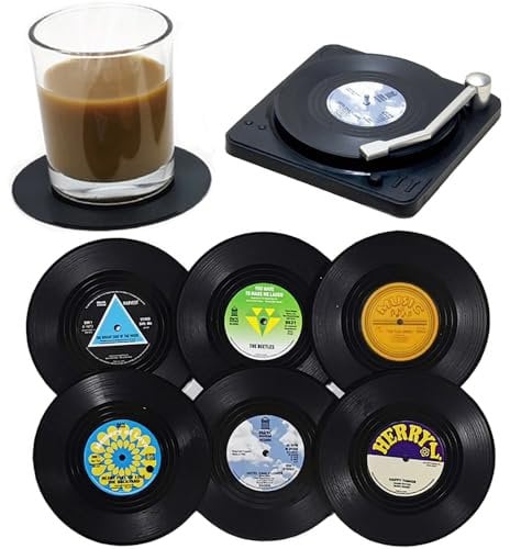Kaxich 6pcs Retro CD Record Coasters with Holder Vinyl Mug Mats Non-Slip Drink Coaster Set for Wine Glass Tea Coffee Home Kitchen Decor Gift Idea