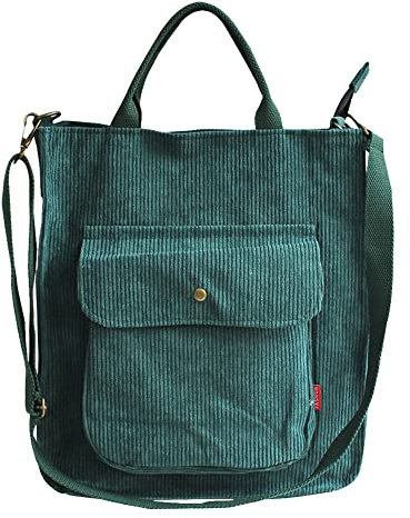 Youlity Damen Cord Tote Bag Umhängetasche Cord Tasche mit Reißverschlus und Außentasche Retro Schultertasche Handtasche Henkeltasche Stofftasche Schultaschen (Grün)