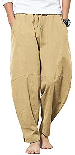 YAOBAOLE Herren Hosen Baumwoll Leinen Freizeithose Herren Loose Fit Herren Hosen Khaki 2XL