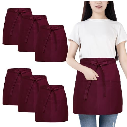 FunChaos 6 Stücke Taillenschürze, Kellnerschürze mit 3 Taschen, Wasserdichte Halbe Schürze für Männer und Frauen, Kochschürze zum Kochen, Reinigen, Malen, Gärtnern, Bistro, Restaurant (Wein)