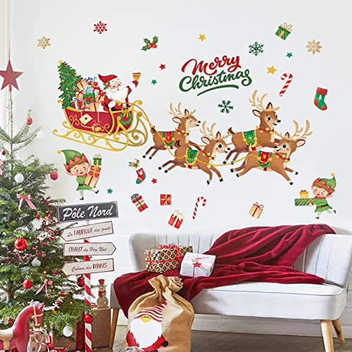 decalmile Weihnachten Fenster Wandtattoo Weihnachtsmann und Rentiere Weihnachten Wandsticker Kinderzimmer Fensteraufkleber Weihnachtsdekoration