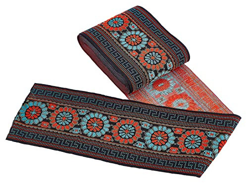 FINGERINSPIRE 7m 103mm Orange Blau Jacquard Band Ethnische Stickerei Bänder mit Blume Muster, Vintage Woven Fabric Trim für Kleidungsstück DIY Handwerk Geschenkverpackungen Tischläufer