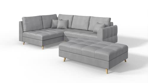 S-Style Möbel Monaco Viersitziges Ecksofa mit Hocker Skandinavische Moderne Ecksofa Mikrofaser Stoff 231cm x 161cm x 81cm Modern Lose Rückenlehnenkissen Holzbeine Eckseite Links Farbe Grau