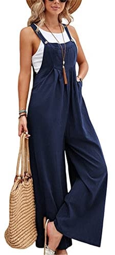 SotRong Women's Dungarees Wide Leg Boho Jumpsuit With Pocket Loose Fit Playsuits Summer Romper Sleeveless Strappy Overalls Navy Blue L