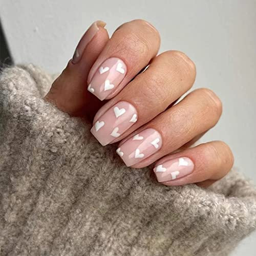 Sethexy Valentinstag Kurz Quadratisch Nägel zum Aufkleben Liebe Herz Press on Nails Rosa Fake Nails 24 Stück Acryl Kunstnägel für Frauen und Mädchen